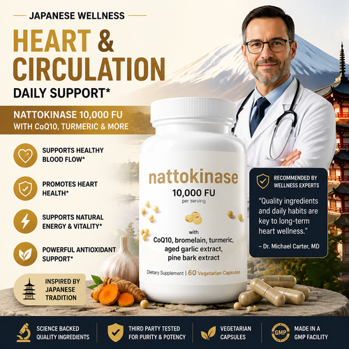 Support Your Heart & Circulation With A Japanese-Inspired Formula,A convenient daily supplement combining Nattokinase, Turmeric, and botanical extracts.-YQ