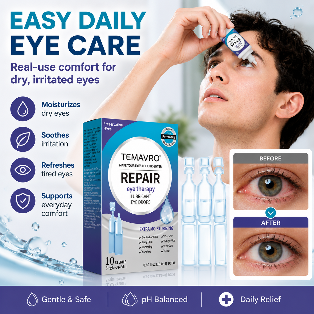 Hydrating Eye Drops – Single-Use Lubricant Drops for Dry & Tired Eyes, Daily Refreshing Eye Comfort-ZZ