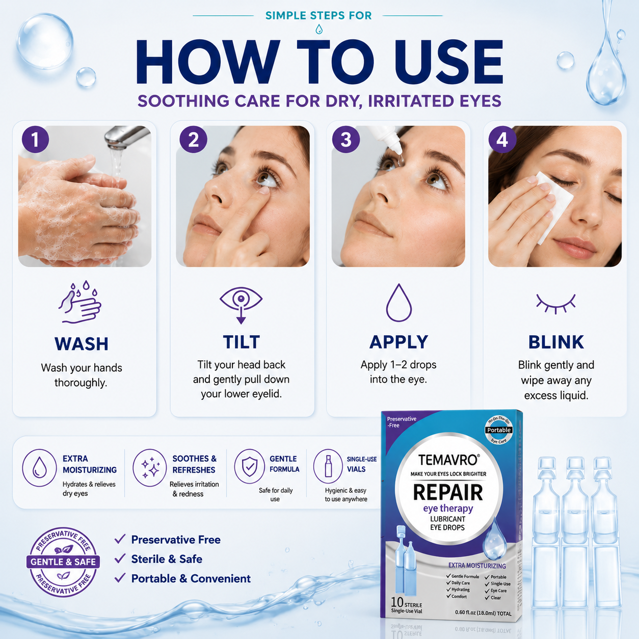 Hydrating Eye Drops – Single-Use Lubricant Drops for Dry & Tired Eyes, Daily Refreshing Eye Comfort-ZZ